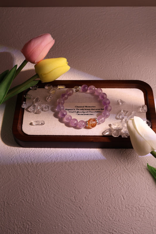 Amethyst Beaded Bracelet Paired with Golden Pagoda Crystal