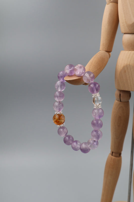 Amethyst Beaded Bracelet Paired with Golden Pagoda Crystal